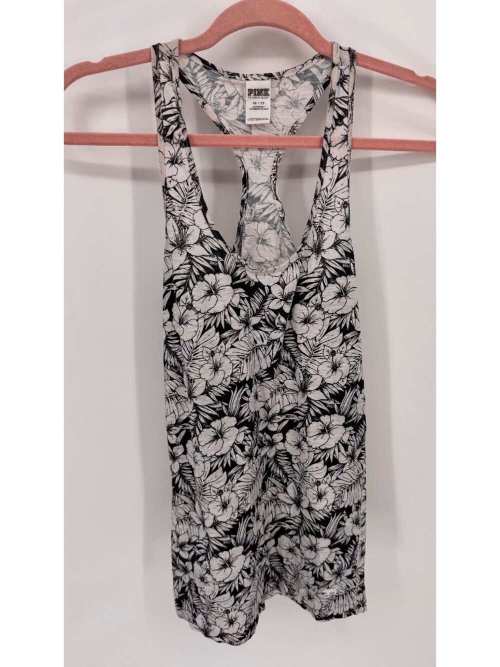 Pink Victorias Secret Racerback Tank Top With Navy Floral Print - Womens XS